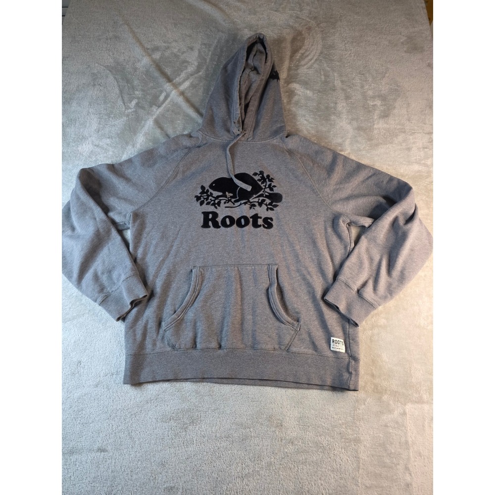 Roots Hoodie Mens Large Gray Beaver Logo Graphic Pullover Sweatshirt